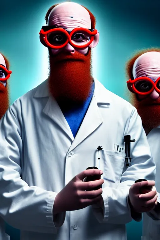 Prompt: a person with 3 eyes, person with a 3rd eye in the middle of their forehead, an awkwardly tall scientist with 3 eyes and a tangled beard and unruly red hair atop his balding head wearing a labcoat and welding goggles and holding a beaker, high resolution film still, movie by Ivan Reitman