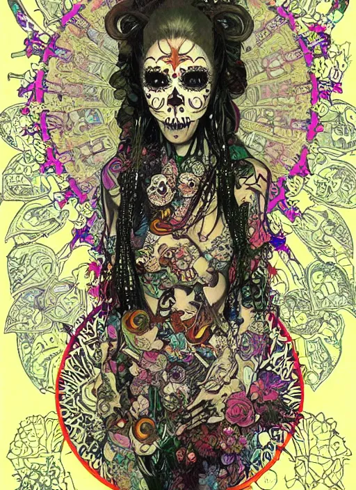 Image similar to cute punk goth fashion fractal Día de los Muertos tattooed alien girl posing, psychedelic poster art of by Victor Moscoso Rick Griffin Alphonse Mucha Gustav Klimt Ayami Kojima Amano Charlie Bowater, masterpiece