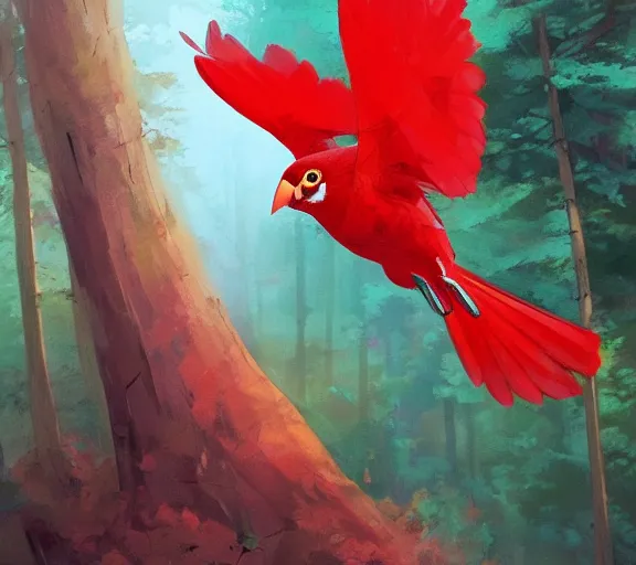 Prompt: a red bird gliding through a forest, large wingspan, 2 wings, over the shoulder shot. Vibrant colors. By Makoto Shinkai, Stanley Artgerm Lau, WLOP, Rossdraws, James Jean, Andrei Riabovitchev, Marc Simonetti, krenz cushart, Sakimichan, trending on ArtStation, digital art.