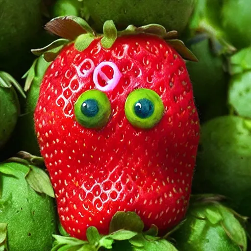 Image similar to strawberry creature with multiple eyes