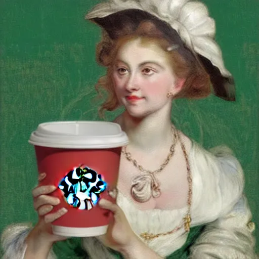 Image similar to heavenly summer sharp land sphere scallop well dressed lady holding a starbucks coffee cup, auslese, by peter paul rubens and eugene delacroix and karol bak, hyperrealism, digital illustration, fauvist, starbucks coffee cup green logo