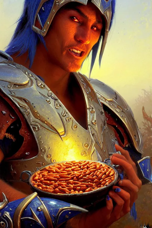 Prompt: extremely detailed extreme close up painting of a beautiful blue skinned night elf, in a set of night elf plate armor, eating baked beans, painting by gaston bussiere, craig mullins, greg rutkowski,