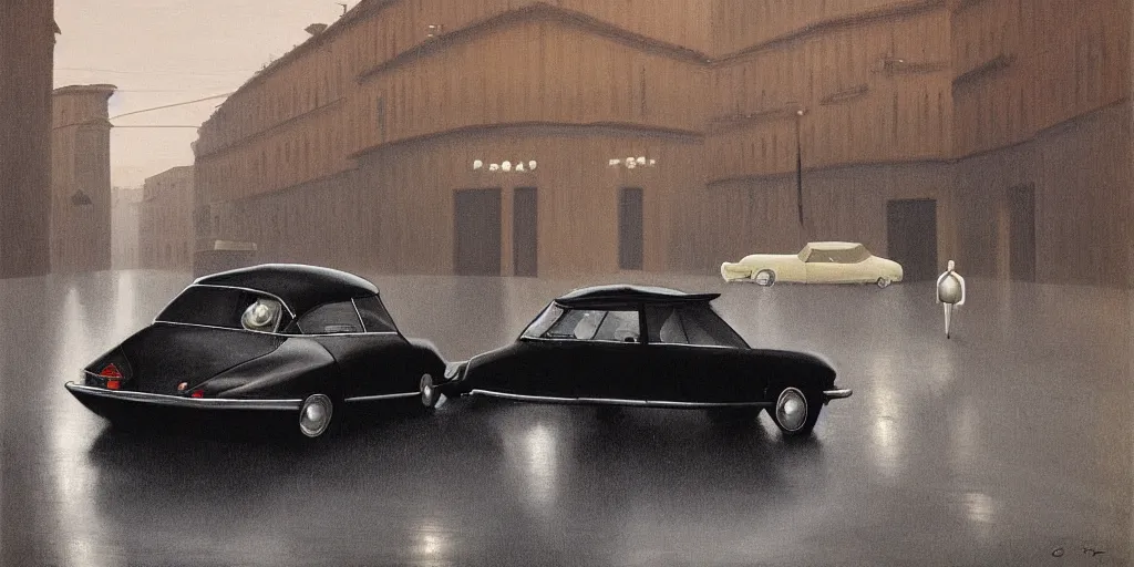 Prompt: A mysterious figure at a black 1955 Citroen DS 19 with the headlights on, parked on the side of the road in the city of Rome while it is raining, by George Tooker, moody, sinister, lighting, hyperrealistic