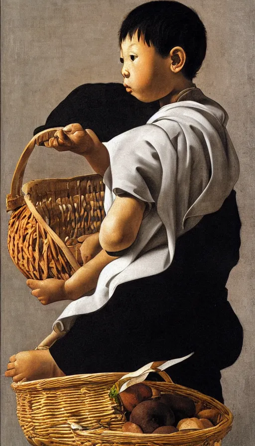 Image similar to hyperrealistic still life painting of a boy with a basket of bao by Caravaggio, botanical print