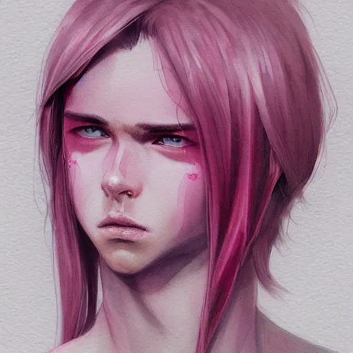 Image similar to shoulder-length pink haired boy, pink eyes, watercolor, highly detailed, artstation, by charlie bowater