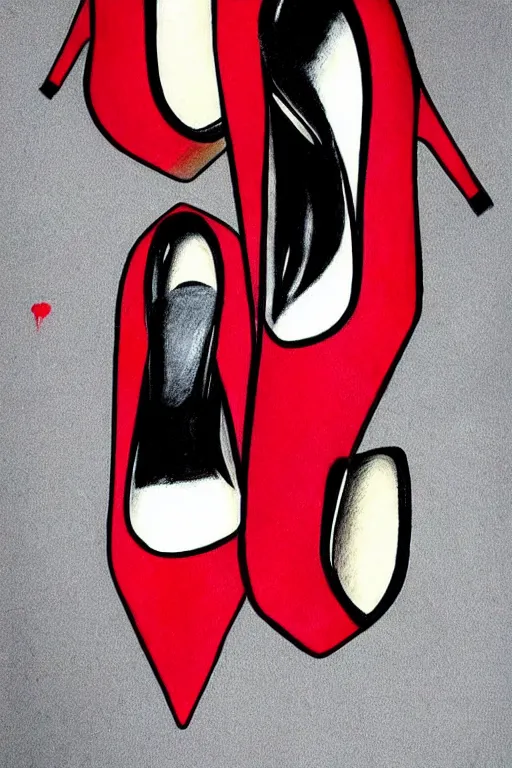 Prompt: black high heels with red bottoms, illustration, graphic design, high fashion, elegant, color pencil drawing, pop art style,