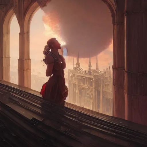 Image similar to portrait of a pipe organ facade surrounded by smoke, battle damage, sunset glow around head, full body portrait, intricate, elegant, highly detailed, digital painting, artstation, concept art, smooth, sharp focus, illustration, art by artgerm and greg rutkowski and alphonse mucha, background is a city in ruins