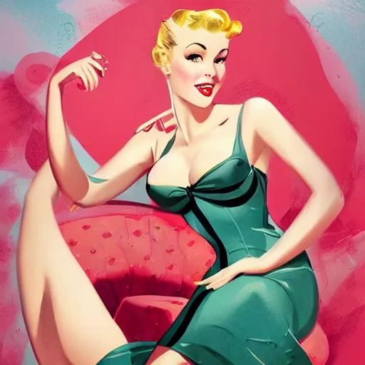 Image similar to a pinup illustration in the style of gil elvgren and in the style of anna dittmann.