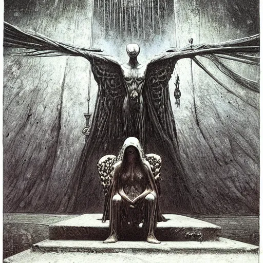 Image similar to fallen angel sitting on a throne in a dark temple, beksinski, wayne barlowe, adrian smith fantasy art, hr giger