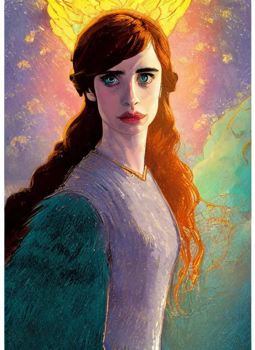 Prompt: a close up gouache painting portrait of emma roberts krysten ritter as the angel of the apocalypse in the style of horizon zero dawn, by victo ngai, by odilon redon, by delphin enjolras, by hikari shimoda,.