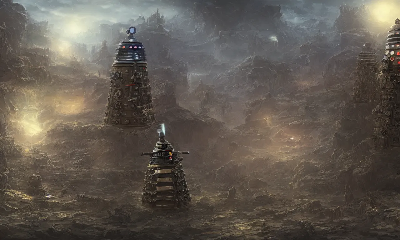 Prompt: dalek invasion, highly detailed, photorealistic, fantasy background, digital painting, artstation, concept art, smooth, sharp focus, illustration,