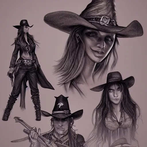 Prompt: beautiful cowboy witch, wild west, dungeons and dragons art, detailed, concept art, pencil drawing, trending on artstation