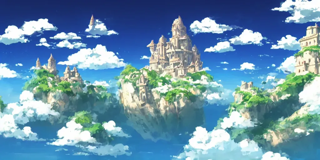 Image similar to floating marble island in the sky with a medieval castle on it, red dragons, laputa, studio ghibli, anime style, azure blue sky