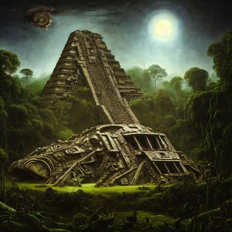 Prompt: surreal painting of crashed mayan aztec spaceship overgrown by jungle by hieronymus bosch, harsh flash photo at night, baroque painting, perfect composition, detailed octane render trending on artstation, 8 k artistic photography, volumetric cinematic perfect light, chiaroscuro, masterpiece, raphael, caravaggio, beksinski, rutkowski, beeple