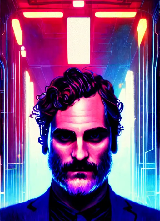 Image similar to symmetry!! portrait of joaquin phoenix, sci - fi -, cyberpunk, blade runner, glowing lights, biotech, techwear!! intricate, elegant, highly detailed, digital painting, artstation, concept art, smooth, sharp focus, illustration, art by artgerm and greg rutkowski and alphonse mucha