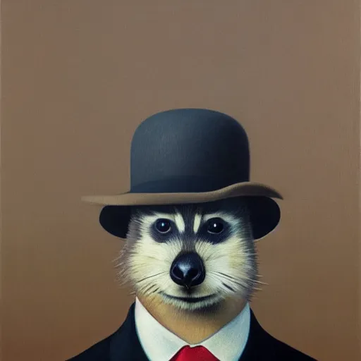 Prompt: a magritte painting masterpiece exposed in Paris : a racoon with a hat , This 4K HD image is Trending on Artstation, featured on Behance, well-rendered, extra crisp