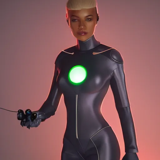 Image similar to a woman in a futuristic suit holding a glowing light, a computer rendering by Artgerm, featured on cgsociety, afrofuturism, daz3d, zbrush, futuristic