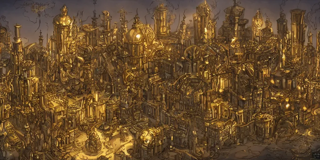 Image similar to a golden steampunk city in the style of arcane