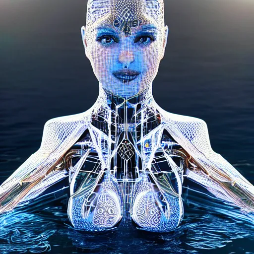 Image similar to beautiful centered Fine art photo portrait of Priyanka Chopra as a solarpunk robotic humanoid treading on water, white mechanical parts with led lights, photorealistic, white background, highly detailed and intricate, sun lighting, HDR 8k