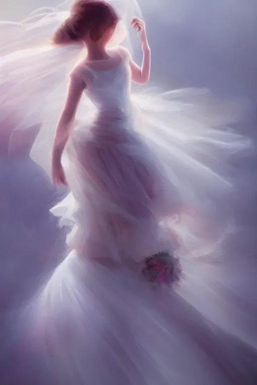 Prompt: little girl dancing in the wind, beautiful face, ethereal, bride, beautiful wedding dress, gorgeous, volumetric lighting, elegant, fluid, very highly detailed, digital painting, concept art, illustration, limited color palette, atmosphere and tension, trending on artstation