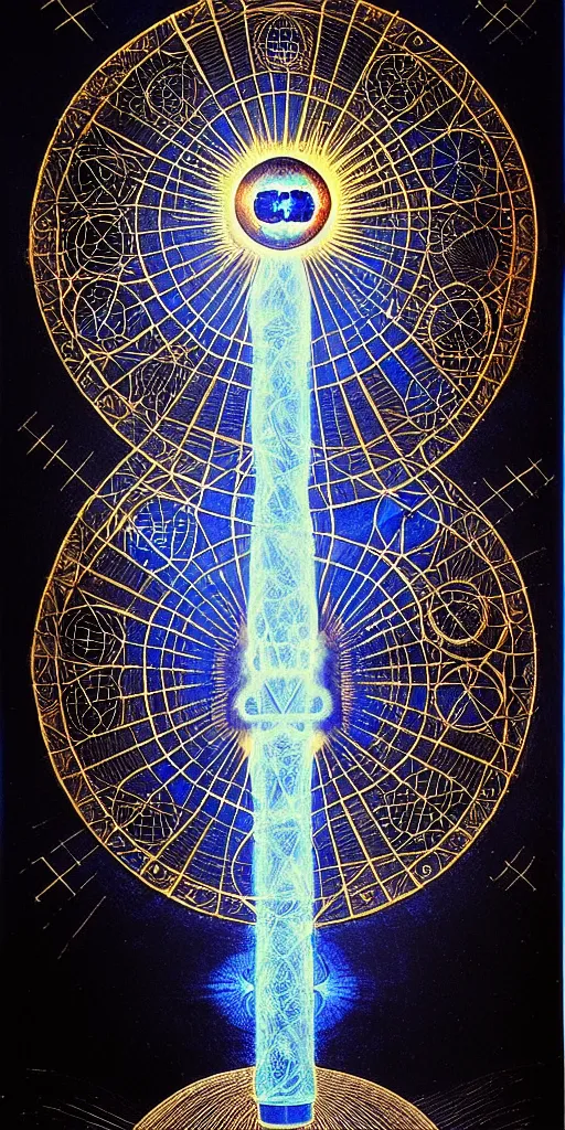 Image similar to an alchemical fiery lighthouse ego - self axis radiates a unique canto'as above so below'while being ignited by the spirit of haeckel and robert fludd, breakthrough is iminent, glory be to the magic within, in honor of saturn, painted by ronny khalil with dramatic lighting from the blue fire's glow