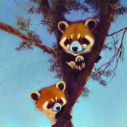 Prompt: cute red pandas in a tree, puppy eyes, digital art, hyperrealistic, greg rutkowski, alphonse mucha, lovely, pastel pink and blue sky