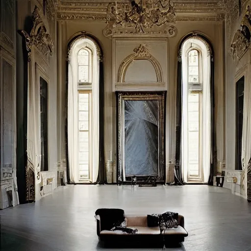 Prompt: giant Italian modern castle living room, clean minimalist design, that is 1300 feet tall, with very tall giant walls filled with modern art paintings, doors that are cosmic portals, photo by Annie Leibovitz, with modern steel sculpture by Tony Cragg