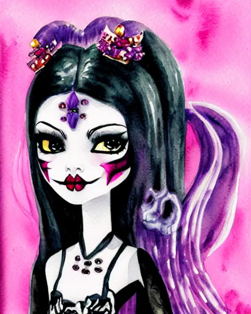 Image similar to watercolor portrait of monster high draculaura doll, by darkodordevic, blanca alvarez, liu yi, watercolor