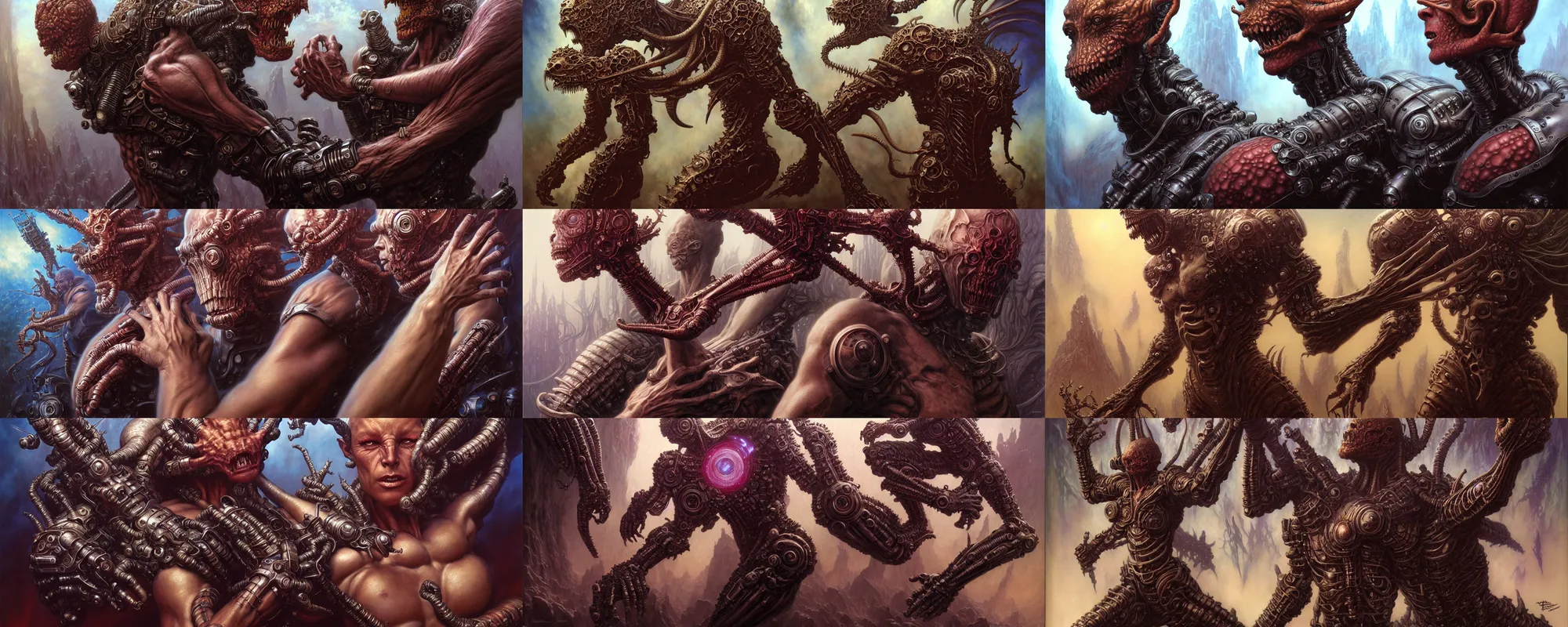 Prompt: a person with four arms fantasy art portrait, ultra realistic, cinematic, wide angle, intricate details, cyborg, highly detailed by boris vallejo, scott roberston, marco plouffe, neville page, aaron horkey, wayne barlowe, craig mullins, roberto ferri, hajime sorayama