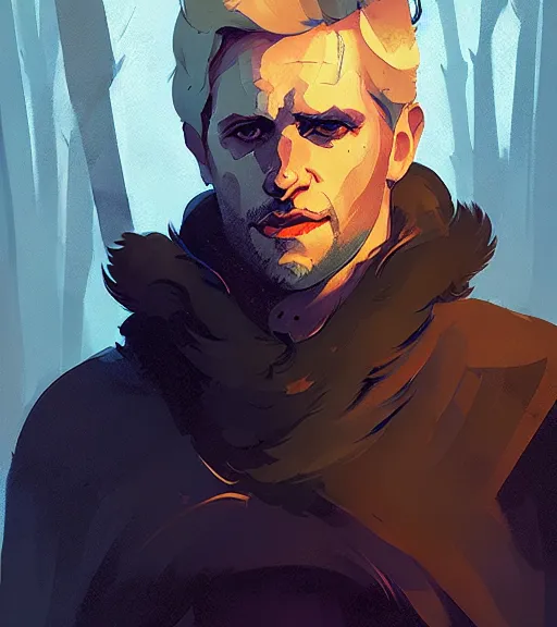 Prompt: portrait of cullen from dragon age near campfire by atey ghailan, by greg rutkowski, by greg tocchini, by james gilleard, by joe fenton, by kaethe butcher, dynamic lighting, gradient light blue, brown, blonde cream and white color scheme, grunge aesthetic