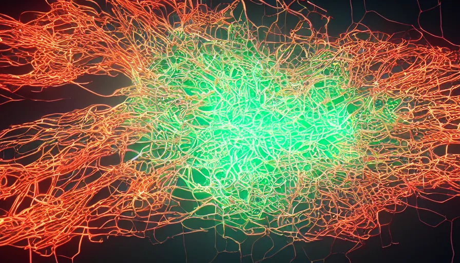 Image similar to houdini rendering of glowing synapses, photorealistic rendering, octane, redshift