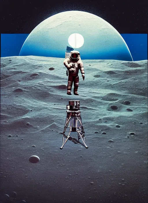 Image similar to Fish eye lens digital photograph of the first man on the moon, moon landing, by Jacek Yerka, Mariusz Lewandowski, Houdini algorithmic generative render, Abstract brush strokes, Masterpiece, Edward Hopper and James Gilleard, Zdzislaw Beksinski, Mark Ryden, Wolfgang Lettl, hints of Yayoi Kasuma, octane render, 8k