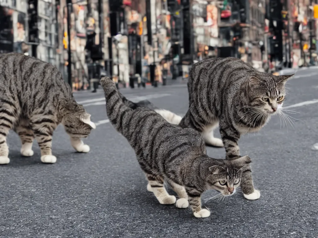 Prompt: cats walking like human in a street of new york, 4k ,ultra realistic details,