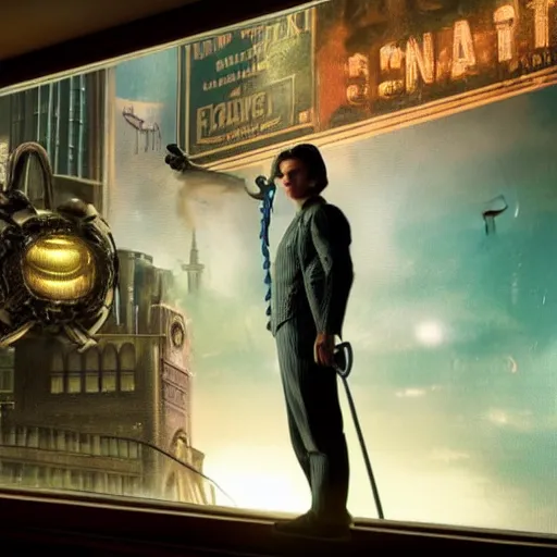 Image similar to a highly detailed cinematic photo from a live - action bioshock movie. andrew ryan, portrayed by evan peters, is shown standing in a 1 9 3 0's office with a large desk in front of a floor - to - ceiling window looking out onto the underwater city of rapture shining in the distance, sea life is shown outside of the window