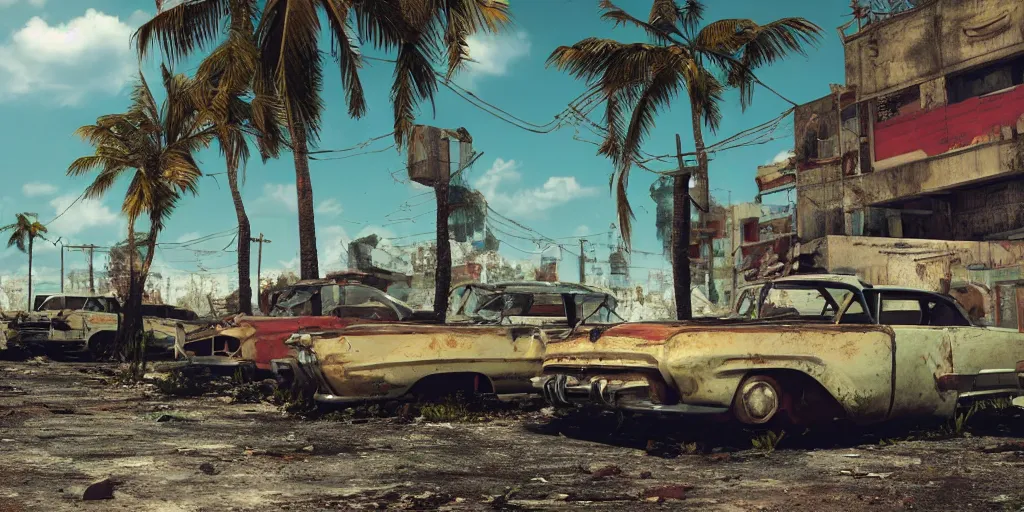 Image similar to fallout 5, photo of dilapidated miami, tropical coastal city, desolate, dilapidated, few rusted retro futuristic vintage parked vehicles, sunny weather, few clouds, volumetric lighting, photorealistic, daytime, spring, sharp focus, ultra detailed, 4 1 0 0 k, technicolour 1