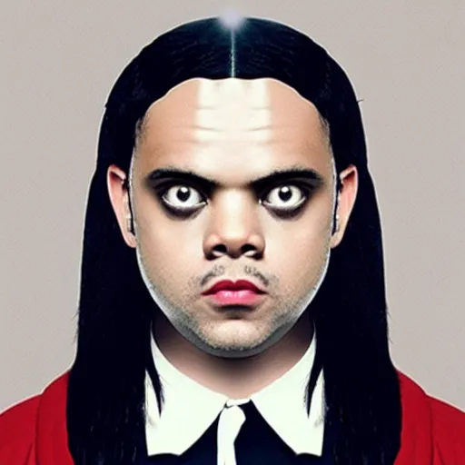 Image similar to scene from the movie the Addams Family, starring The Weeknd as Wednesday Addams