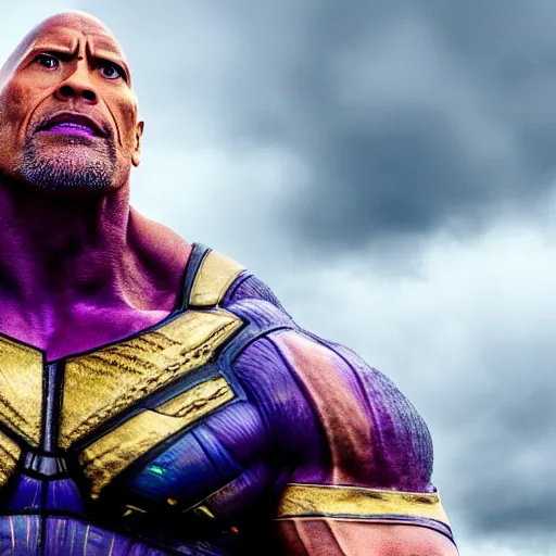 Prompt: Dwayne Johnson as Thanos, high quality photo, DSLR photo, 8K, realistic photo