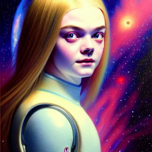 Image similar to portrait of a elle fanning wearing a spacesuit in the dark depths of space, detailed realism face in painting, detailed beautiful portrait, oil painting masterpiece, 8 k resolution, smooth, sharp focus, trending on artstation, by bruce pennington