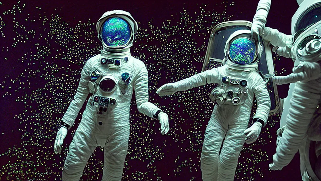 Image similar to a single astronaut eva suit made of diamond 3d fractal lace iridescent bubble 3d skin and covered with insectoid compound eye camera lenses floats through the living room, film still from the movie directed by Denis Villeneuve with art direction by Salvador Dalí, wide lens,