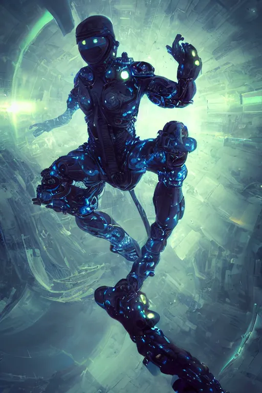 Prompt: ninja cyborg floating in space letting go of reality and experiencing the quantum feild, matte painting comic book art, cinematic, highly detailed, realistic, beautiful cosmic neural network, octane render, unreal engine, depth of field, trending on artstation, sharp focus, philosophical splashes of colors