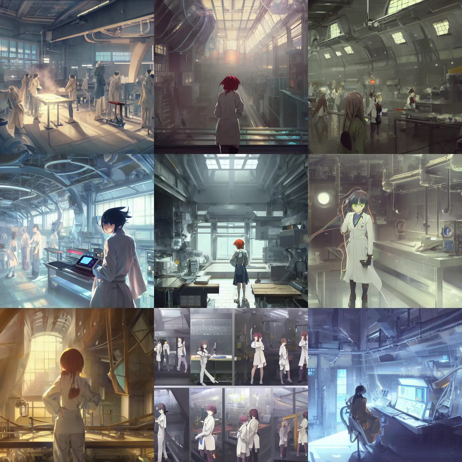 Prompt: in the hightech laboratory full of different advanced metal equipments very high details, volumetric fog, raytracing anime style girl in labcoat, fantastic details, anime art, trending on artstation, pixiv, makoto shinkai key visual kyoto animation studio ghibli tran ross and alphonse mucha and wlop concept art