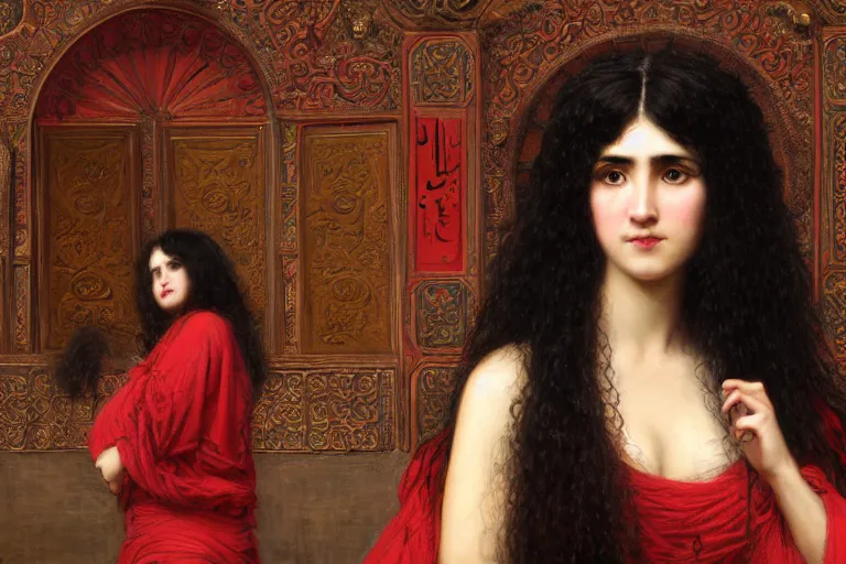 Prompt: orientalist portrait of a woman with thick black bangs and curly hair wearing a red dress selling tapestries in a busy marketplace intricate artwork by Fabio Fabbi and john william waterhouse and Edwin Longsden Long and Nasreddine Dinet and Theodore Ralli trending on artstation, very coherent symmetrical artwork high detail 8k