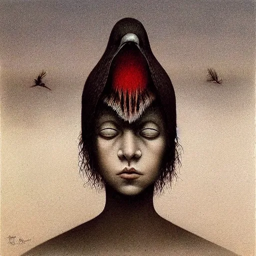 Prompt: young teen female, who has head of crow instead of human, painting by Beksinski