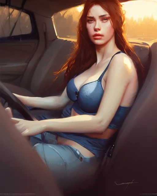 Prompt: a beautiful girl with jacket and bra sitting in the car | | realistic shaded, unpleasant face, bad looking, fine details, realistic shaded lighting poster by greg rutkowski, magali villeneuve, artgerm, jeremy lipkin and michael garmash and rob rey