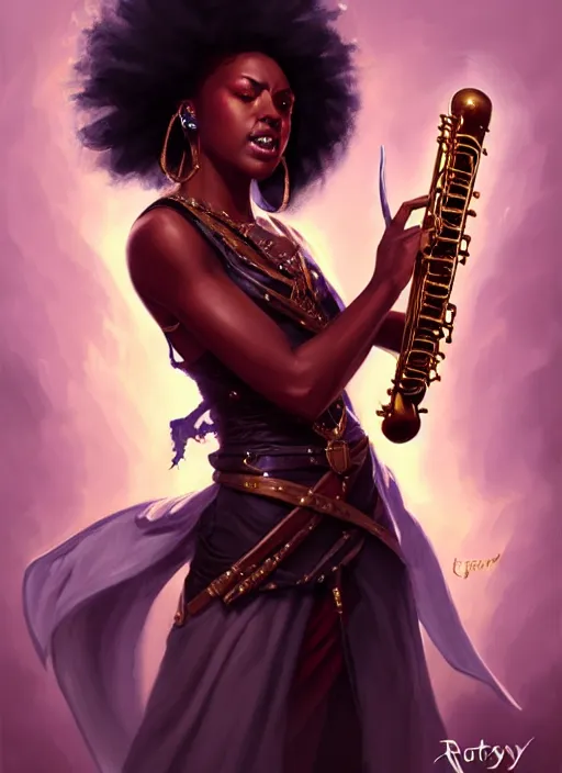 Prompt: a _ fantasy _ style _ portrait _ painting _ of black female charismatic bard playing instrument, rpg dnd oil _ painting _ unreal _ 5 _ daz. _ rpg _ portrait _ extremely _ detailed _ artgerm _ greg _ rutkowski _ greg