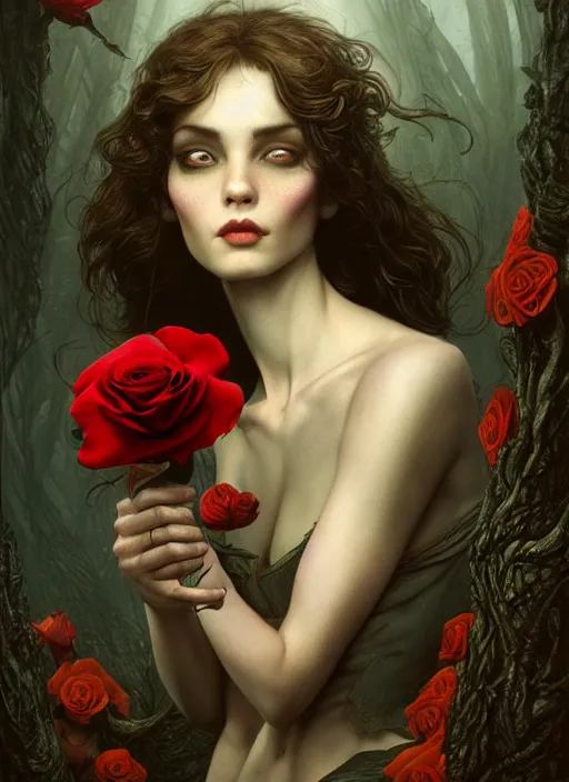 Image similar to the bird has grown its arms and is holding a rose, hyperrealism, no blur, 4 k resolution, ultra detailed, style of tyler edlin, tom bagshaw, arthur rackham, ivan shishkin