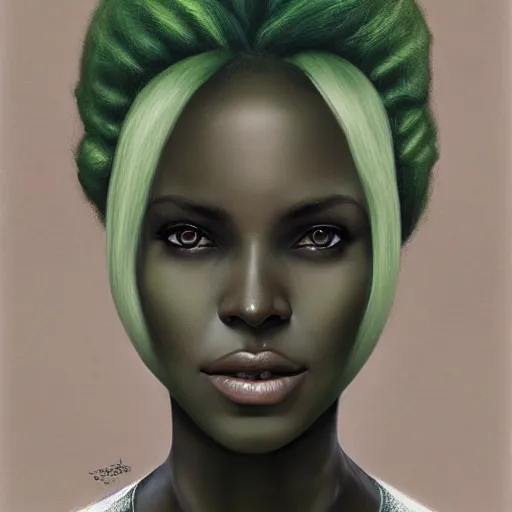 Image similar to a detailed matte oil on canvas head on symmetrical portrait of black skinned woman with long white and ( ( pale green ) ) hair, clothed by charlie bowater, lise deharme, wlop, trending on artstationhd, dungeons and dragons art critical role