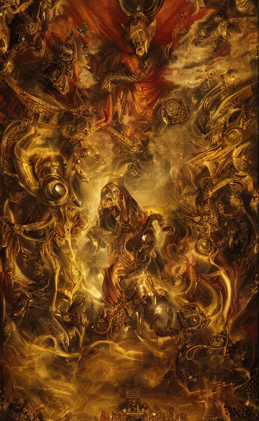 Image similar to 'Deamons Invade The Holy See' by István Sándorfi royally decorated, whirling smoke, embers, gold encrustations , gilt silk torn fabric, radiant colors, fantasy, perfect lighting, studio lit, micro details,