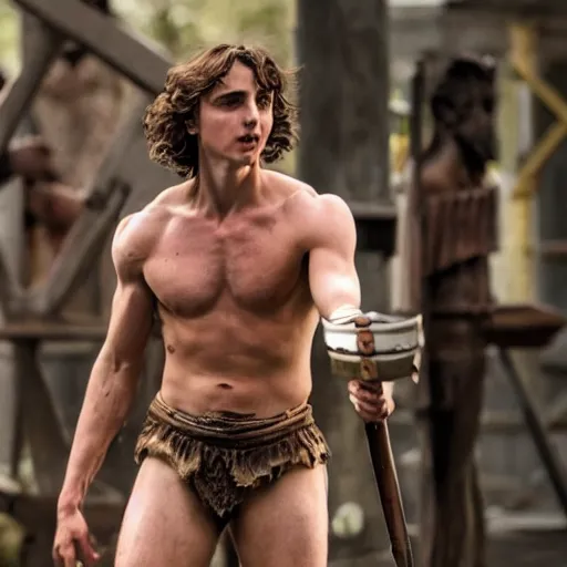 Image similar to first photos of 2 0 2 4 3 0 0 remake - muscular timothy chalamet as leonidas, put on 1 0 0 pounds of muscle, looks different, steroids, hgh, ( eos 5 ds r, iso 1 0 0, f / 8, 1 / 1 2 5, 8 4 mm, postprocessed, crisp face, facial features )