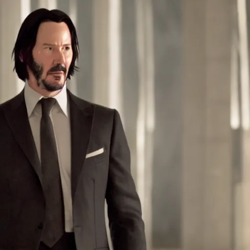 Image similar to A still of Keanu Reeves as President Snow in The Hunger Games (2012)